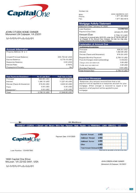 Download USA Capital One bank mortgage statement in Word and PDF formats Photoshop template